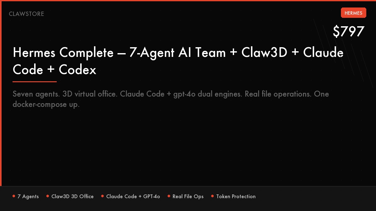 Hermes Complete — 7-Agent AI Team + Claw3D + Claude Code + Codex